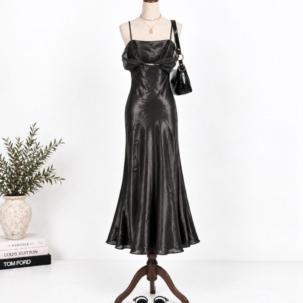 Vintage FIESTA Black Satin Formal Midi Dress – Size Small – Made in USA